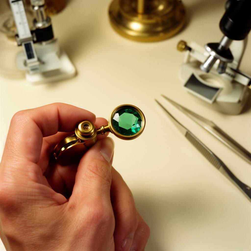 Gemologist examining an emerald through a brass jeweler's loupe