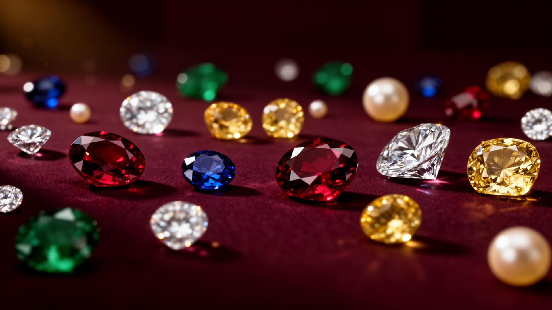 Scattered precious gemstones — rubies, sapphires, emeralds, diamonds, yellow sapphires and pearls on burgundy velvet