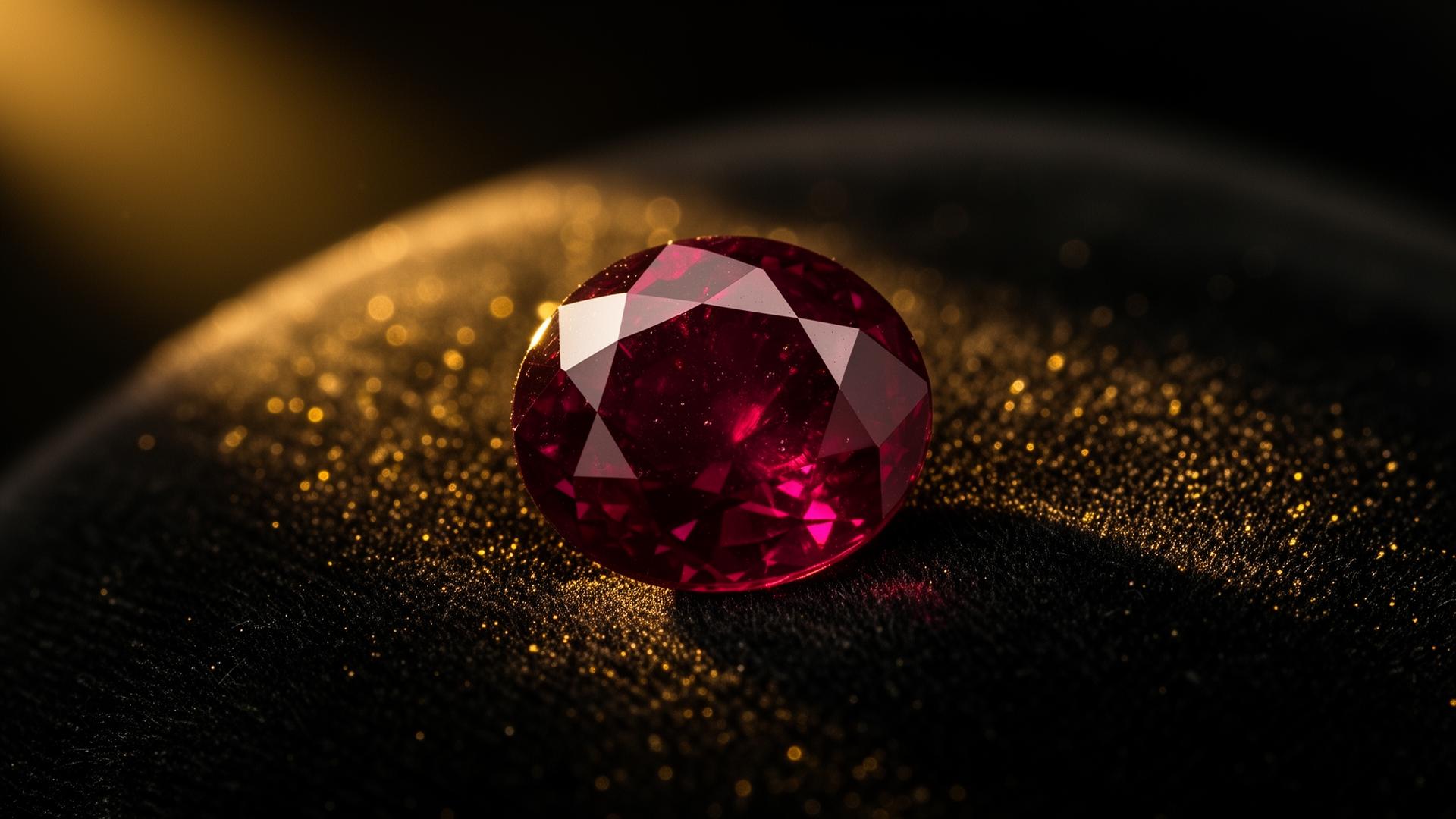 Macro photograph of a faceted ruby on black velvet