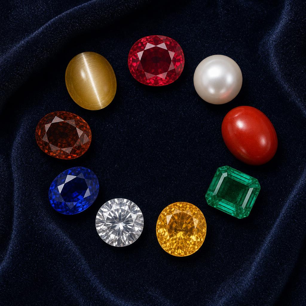 The nine sacred Navratna gemstones — ruby, pearl, red coral, emerald, yellow sapphire, diamond, blue sapphire, hessonite and cat's eye